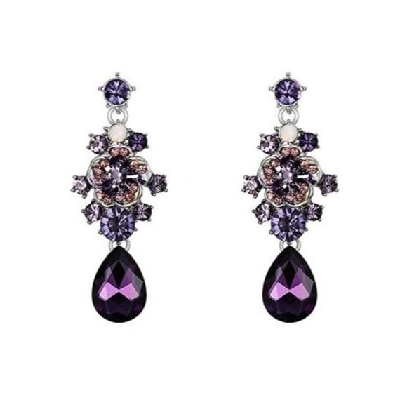 Silver and Amethyst Austrian Crystal Camellia Flower Necklace and Earrings Set - Picture 2 of 6